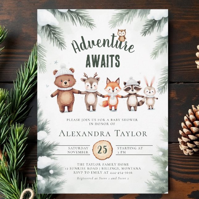 Abenteuer Schneewald Tiere Winter Baby Dusche Einladung (winter baby shower invitation adventure awaits woodland animals cute watercolor snow cold forest)