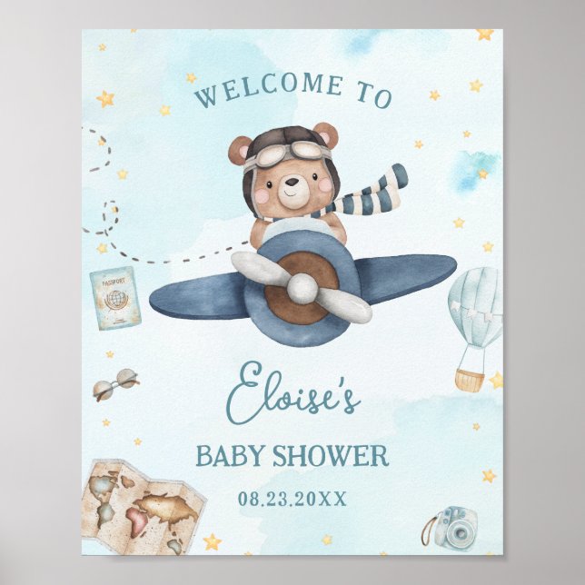 Abenteuer Süßer Bär Blaues Flugzeug Junge Baby Sho Poster (Vorne)