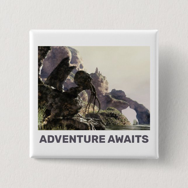 Abenteuer warten. Fantasielandschaft Button (Vorderseite)