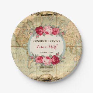 Abenteuer warten Vintage-Weltkarte Rosen Pappteller