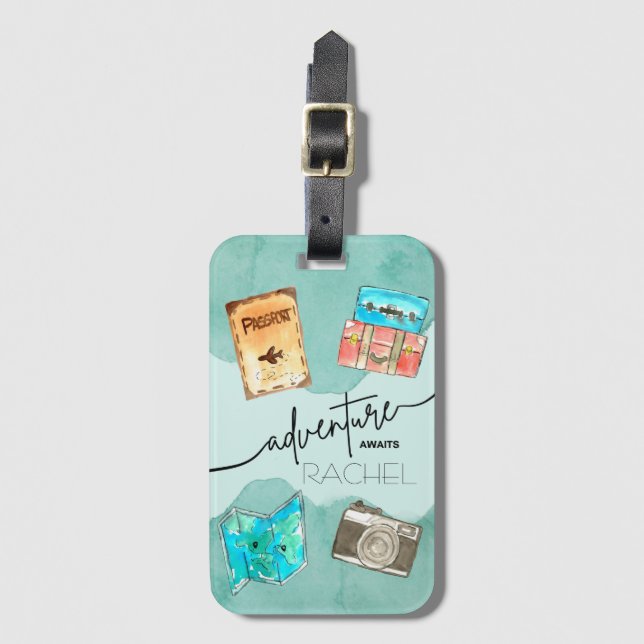 Abenteuer warten Wasserfarbe Gepäckanhänger (Vorderseite Vertikal)