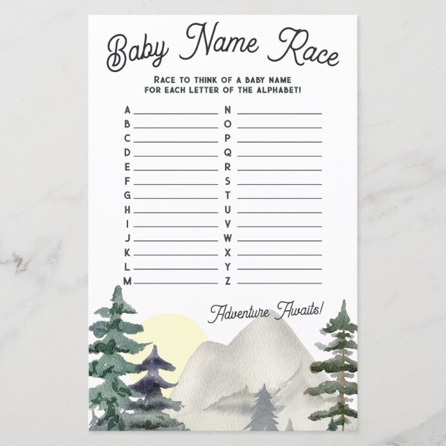 Abenteuer wartet! Baby Name Race Baby Showspiel (Vorderseite)
