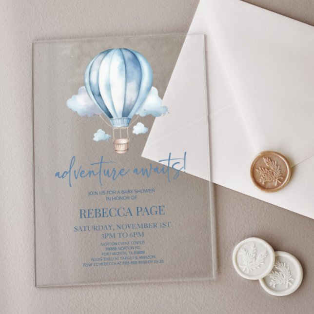 Abenteuer wartet! Blue Hot Air Balloon Baby Dusche Acryleinladungen (Von Creator hochgeladen)
