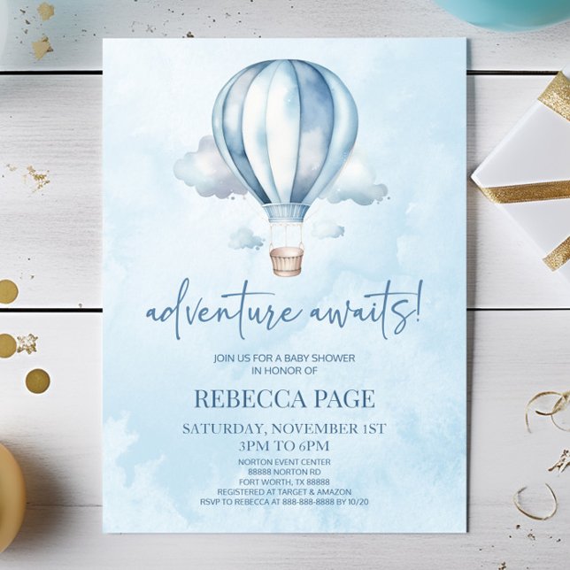 Abenteuer wartet! Blue Hot Air Balloon Baby Dusche Einladung (Von Creator hochgeladen)
