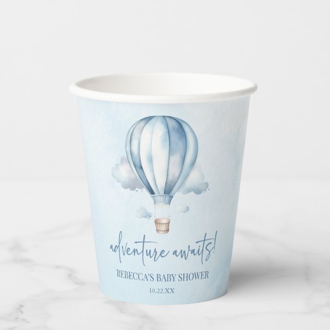 Abenteuer wartet! Blue Hot Air Balloon Baby Dusche Pappbecher (Vorderseite)