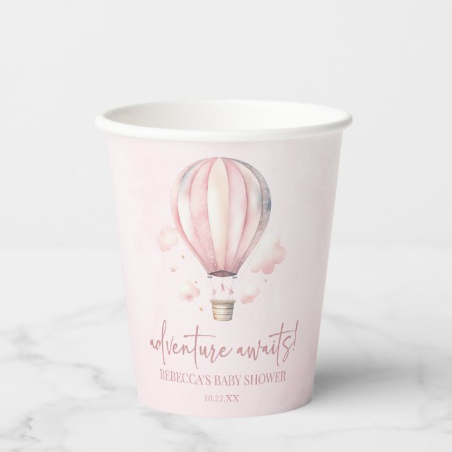 Abenteuer wartet! Pink Hot Air Ballon Babydusche Pappbecher (Vorderseite)