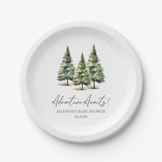Abenteuer wartet! Winter Pine Trees Baby Dusche Pappteller (Vorderseite)