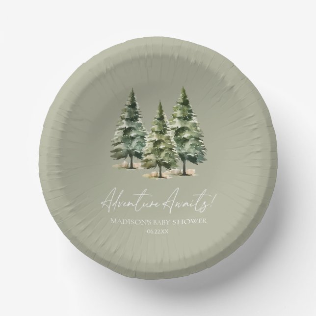 Abenteuer wartet! Winter Pine Trees Baby Dusche Pappteller (Vorderseite)