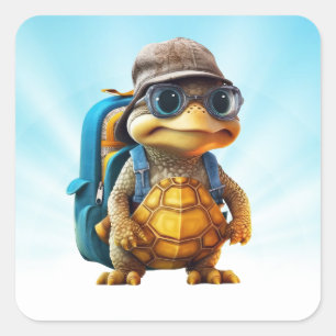 Abenteuerliche Niedliche kleine Schildkröte mit Ru Quadratischer Aufkleber