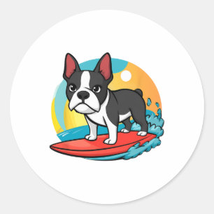 Abenteuerlustiger Boston Terrier Hund Surft Lustig Runder Aufkleber