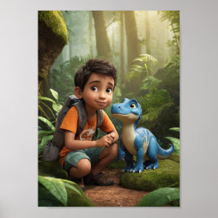 Abenteuerlustiger Junge und freundlicher Dinosauri Poster