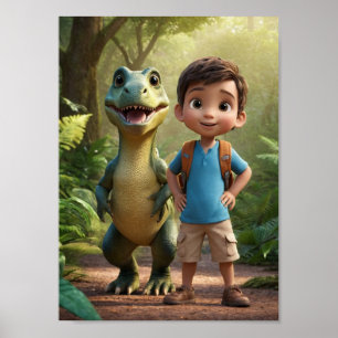 Abenteuerlustiger Junge und freundlicher Dinosauri Poster