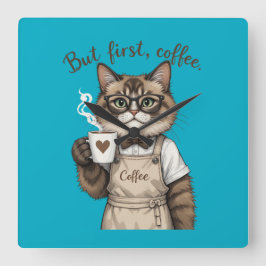 Aber zuerst, Kaffee Katze Quadratische Wanduhr