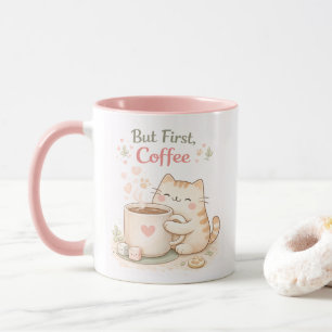 Aber zuerst Kaffee Kawaii Süße Katze Rosa Tasse