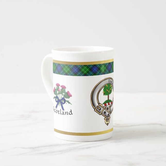 Abercrombie Clan Abzeichen Tartan & Motto Prozellantasse (Vorderseite Links)