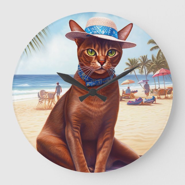 Abessinienkatze am Strand, Sommergeschenk für Katz Große Wanduhr (Vorderseite)