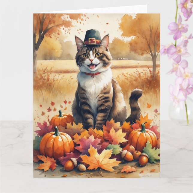Abessinienkatze im Herbst lässt Erntedank Kunst Karte (Orchidee)