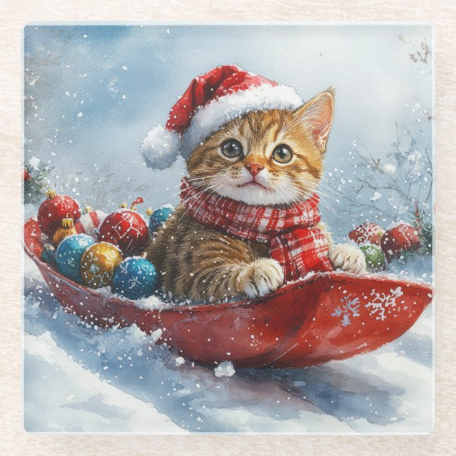 Abessinienkatze in Sledge Lass es Schnee Weihnacht Glasuntersetzer (Vorderseite)