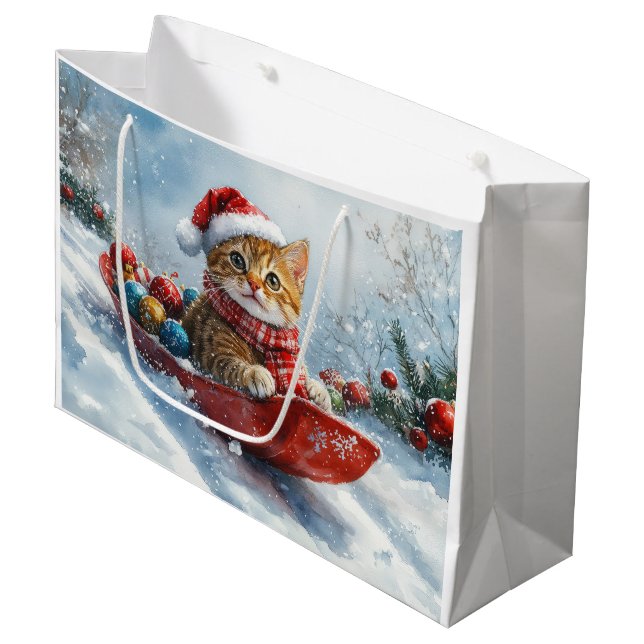 Abessinienkatze in Sledge Lass es Schnee Weihnacht Große Geschenktüte (Vorderseite Schrägansicht)