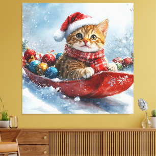 Abessinienkatze in Sledge Lass es Schnee Weihnacht Leinwanddruck