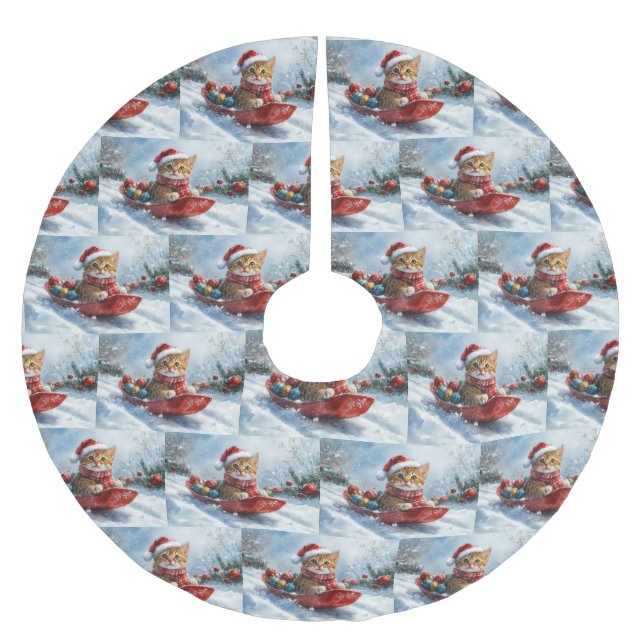 Abessinienkatze in Sledge Lass es Schnee Weihnacht Polyester Weihnachtsbaumdecke (Vorderseite)