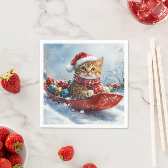 Abessinienkatze in Sledge Lass es Schnee Weihnacht Serviette (Beispiel)