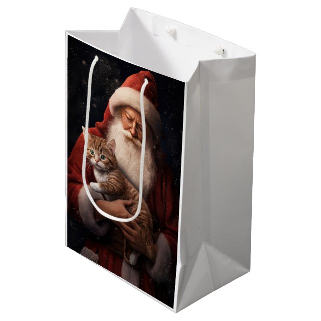 Abessinienkatze mit Weihnachtsmann Weihnachten Mittlere Geschenktüte (Vorderseite Schrägansicht)