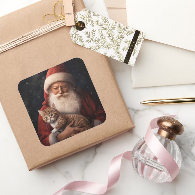Abessinienkatze mit Weihnachtsmann Weihnachten Quadratischer Aufkleber (Schenken)