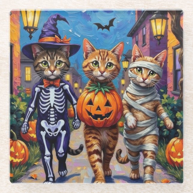 Abessinienkatzen Trick-or-Treating in Halloween Co Glasuntersetzer (Vorderseite)