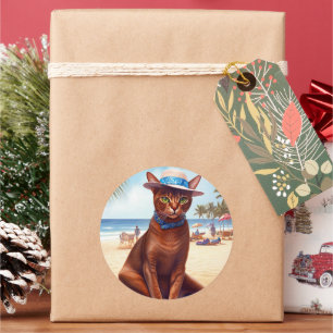 Abessinierkatze am Strand, Sommergeschenk für Katz Runder Aufkleber
