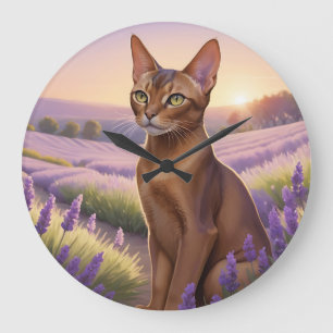 Abessinierkatze auf Lavendelfeld Große Wanduhr