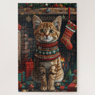 Abessinierkatze mit Weihnachtsgeschenken Kamin