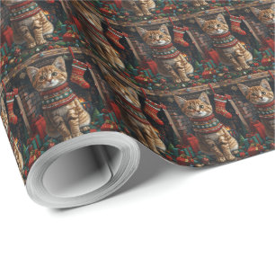 Abessinierkatze mit Weihnachtsgeschenken Kamin Geschenkpapier