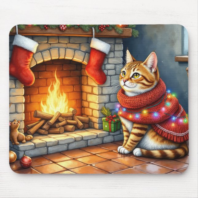 Abessinierkatze sitzt neben dem Kamin mit Weihnach Mousepad (Vorne)