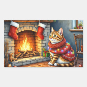 Abessinierkatze sitzt neben dem Kamin mit Weihnach Rechteckiger Aufkleber