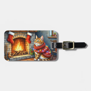 Abessinierkatze sitzt neben dem Kamin zu Weihnacht Gepäckanhänger
