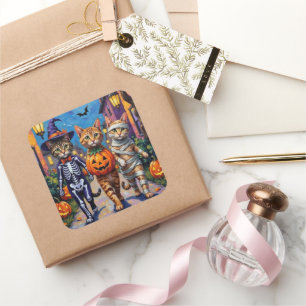 Abessinierkatzen beim Trick-or-Treat an Halloween Quadratischer Aufkleber
