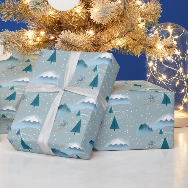 Abfahrtskier mit Snowflake Hintergrund Geschenkpapier (Feiertage)