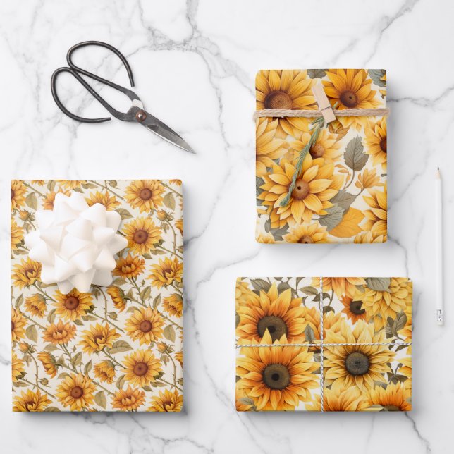 Abgeblendete rustikale Sonnenblumen Wasserfarben-D Geschenkpapier Set (Vorderseite)