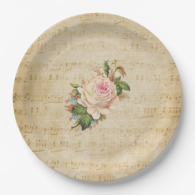 Abgeblendete Vintage Rose Musical Notes Paper Tell Pappteller (Vorderseite)