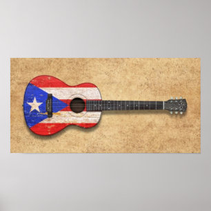 Abgenutzte Puerto- Ricoflaggen-Akustikgitarre Poster