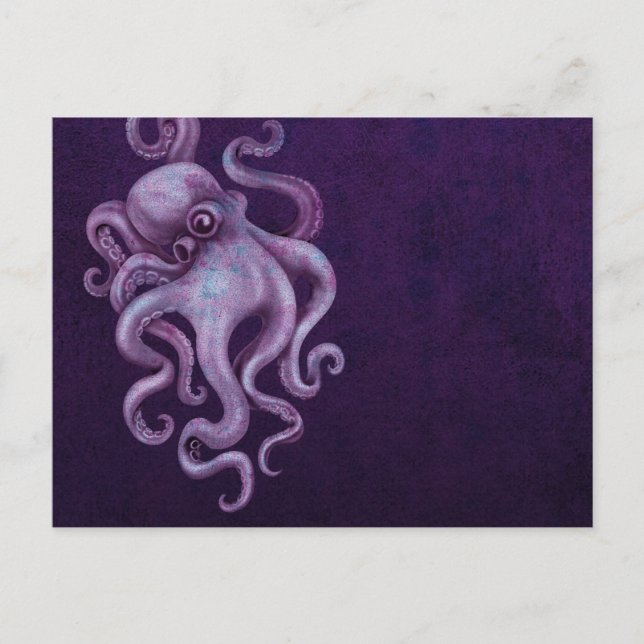 Abgenutzte Vintage Octopus-Illustration - Lila Postkarte (Vorderseite)