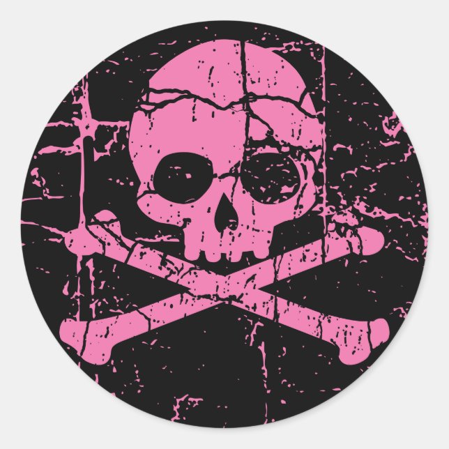 Abgenutzter Rosa Schädel und Kreuze Runder Aufkleber (Vorderseite)