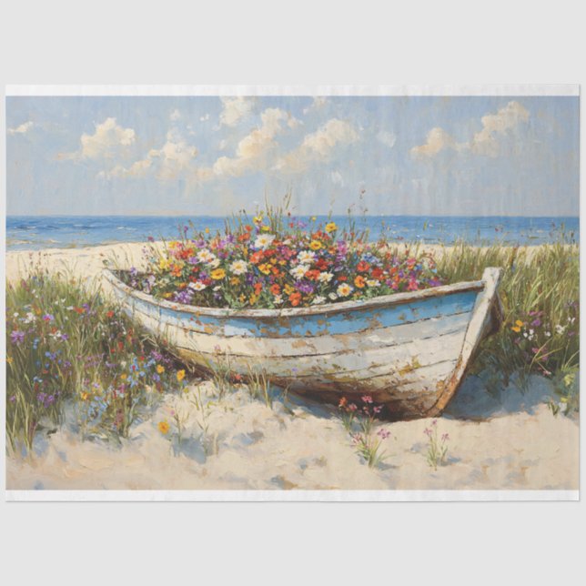 Abgenutztes Holzboot mit Wildblumen Decoupage Seidenpapier (Vorderseite)