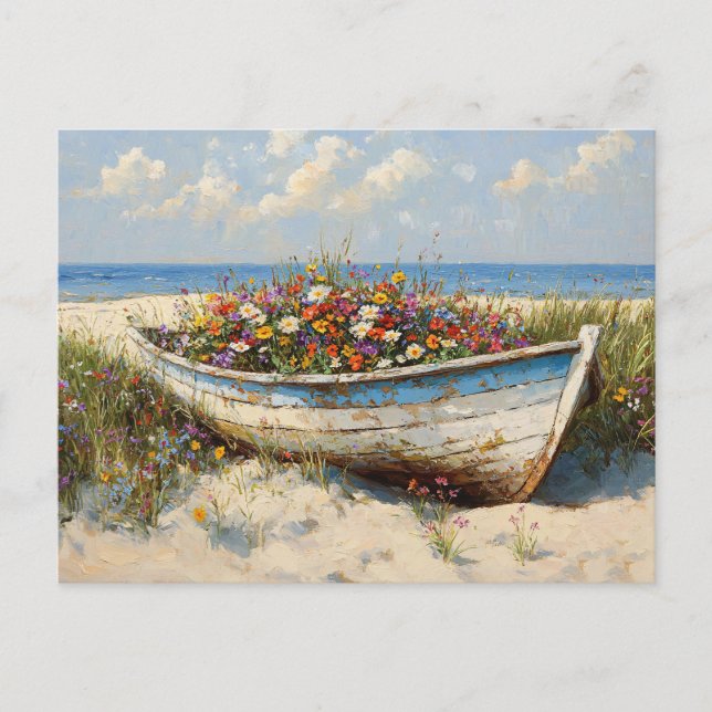 Abgenutztes Holzboot mit Wildblumen Postkarte (Vorderseite)