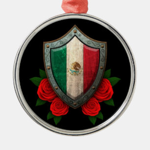 Abgenutztes mexikanische Flaggen-Schild mit Roten Ornament Aus Metall