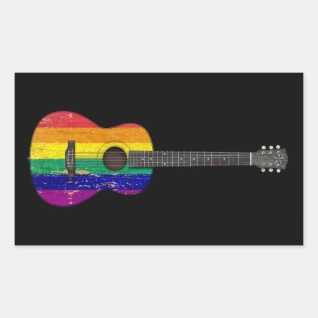 Abgetragene Rainbow Gay Pride Flag Acoustic Guitar Rechteckiger Aufkleber (Vorderseite)