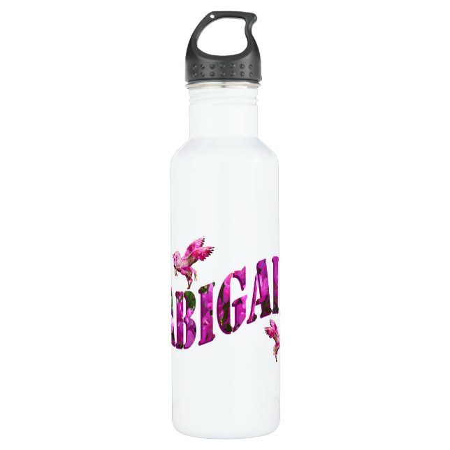 Abigail, Mädchenname Logo aus rosa Blume, Edelstahlflasche (Vorderseite)