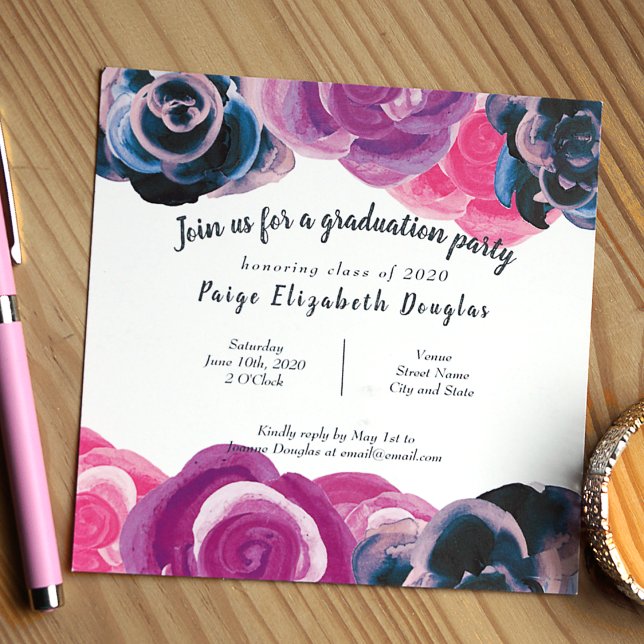 Abitur für Violett, Blaue botanische Rose Einladung (Violet, pink, blue big roses botanical graduation party invitation)
