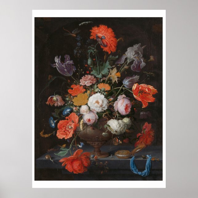 Abraham Mignon Still Life mit Blume und einer Uhr Poster (Vorne)